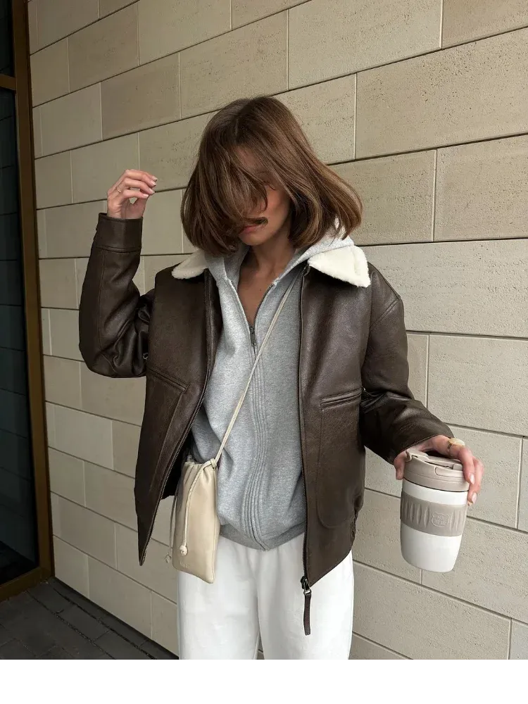 Fashionkova Women Fashion New Splicing Zipper Leather Jackets Elegant Solid Wool Lapel Short Coats 2024 Autumn Winter Lady Warm Outerwears