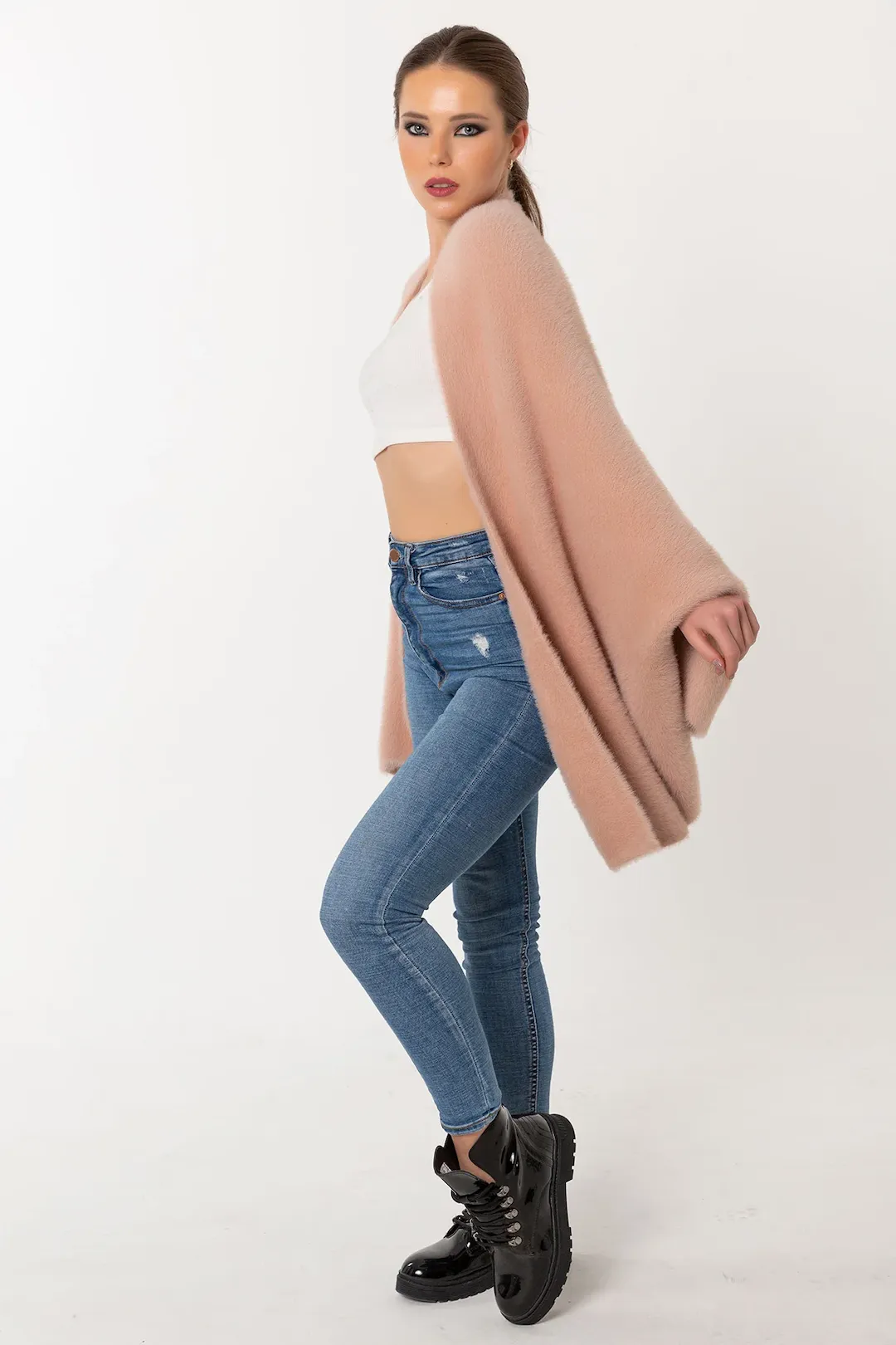 Fuzzy Poncho Shawl with Sleeves - Blush Pink