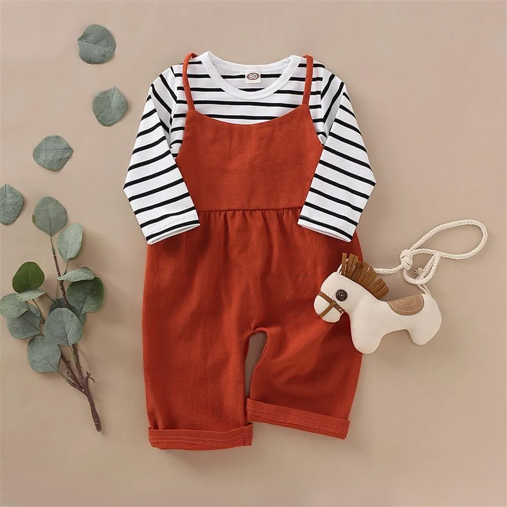 Girls Stripe Casual Top & Suspender Trousers