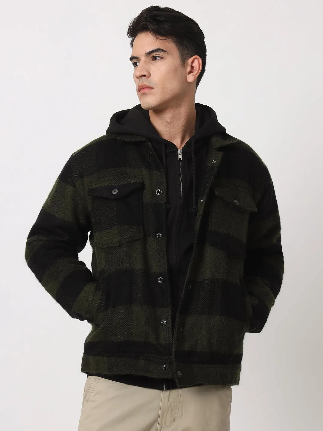 GREEN BLACK DROP SHOULDER SHACKETS