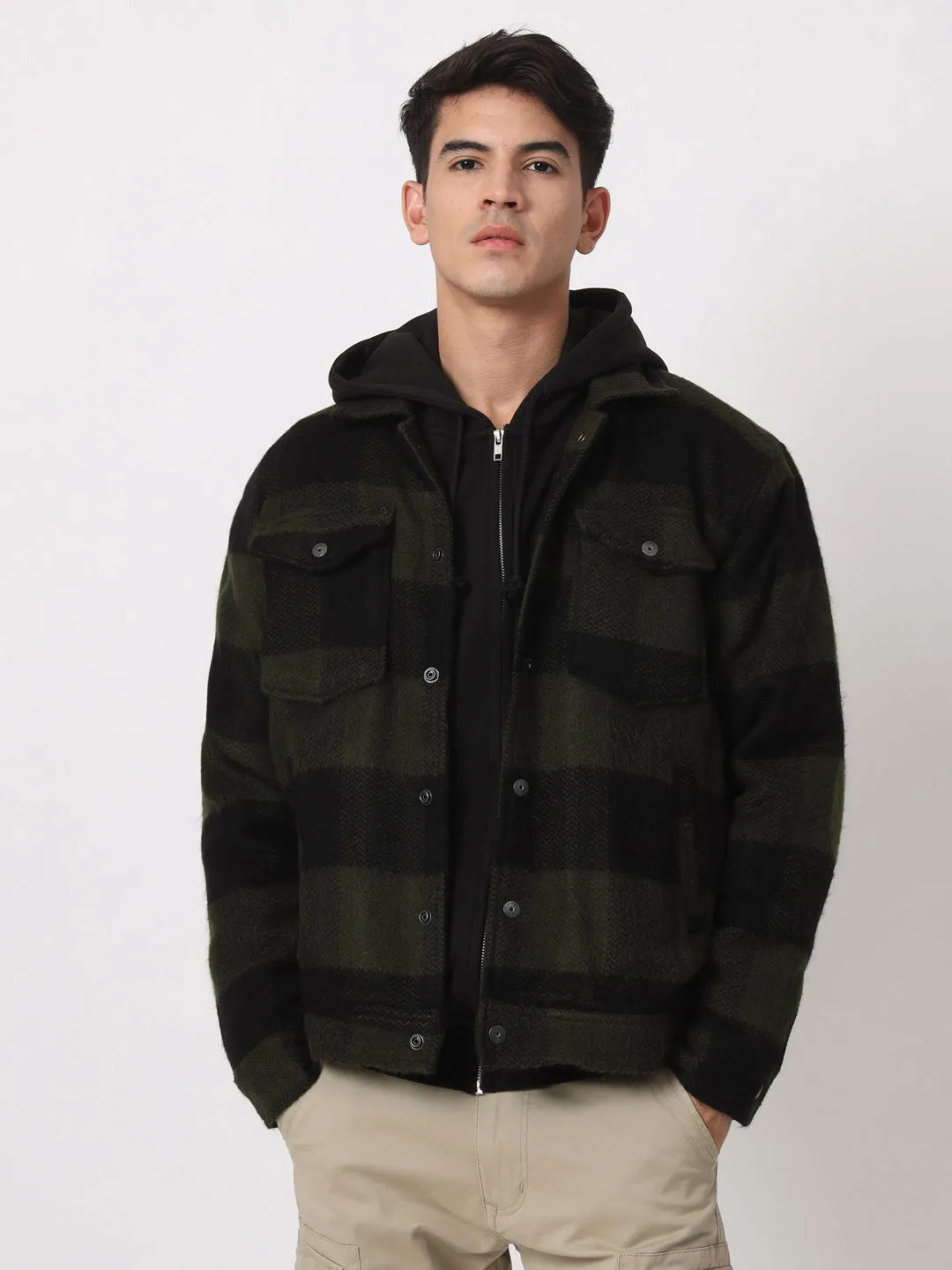 GREEN BLACK DROP SHOULDER SHACKETS
