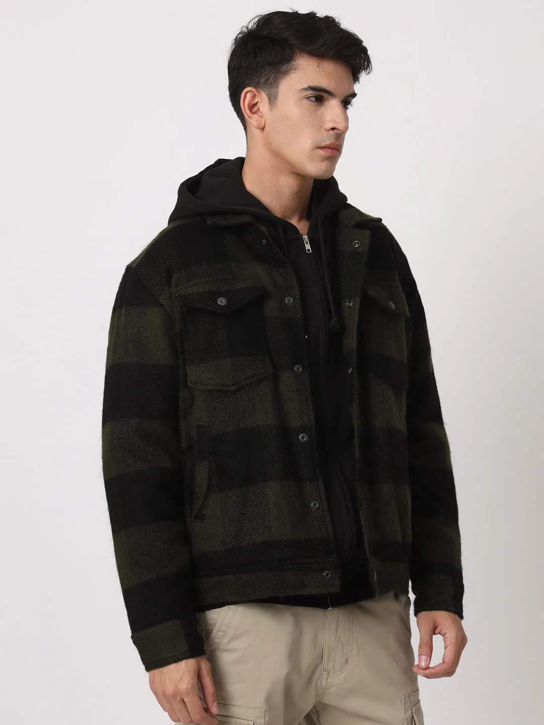 GREEN BLACK DROP SHOULDER SHACKETS