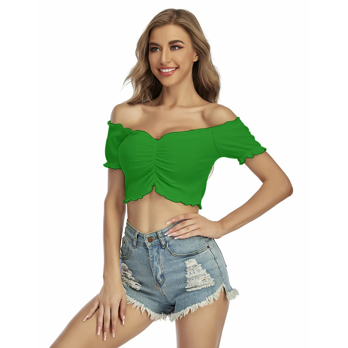 Green One-Shoulder Off-the-Navel Short Sleeve Shirt