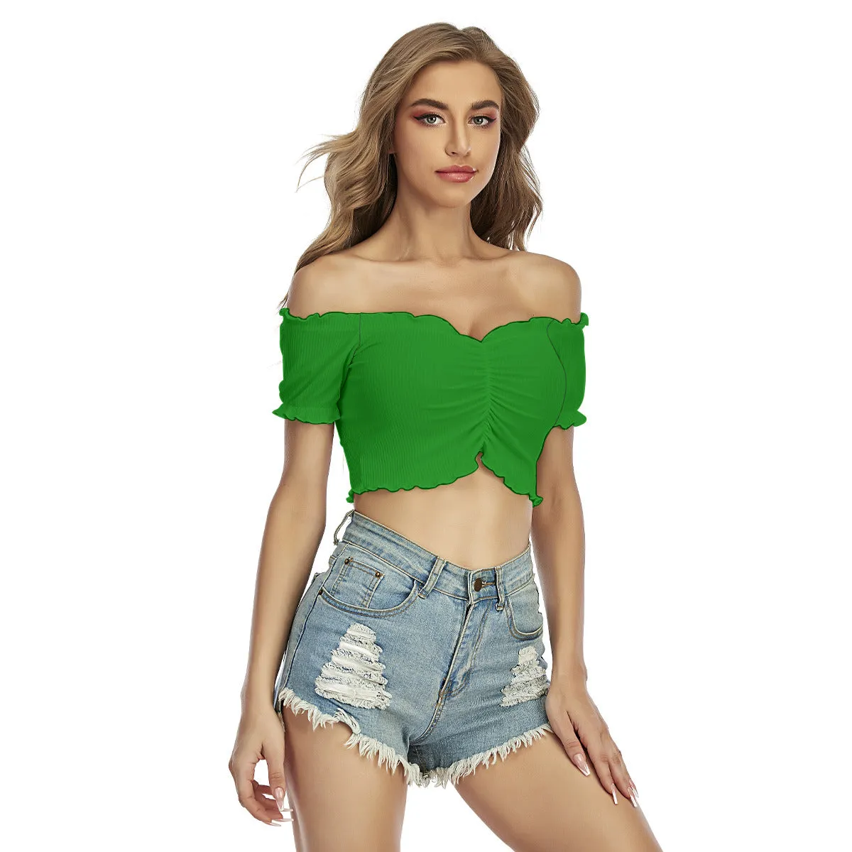 Green One-Shoulder Off-the-Navel Short Sleeve Shirt