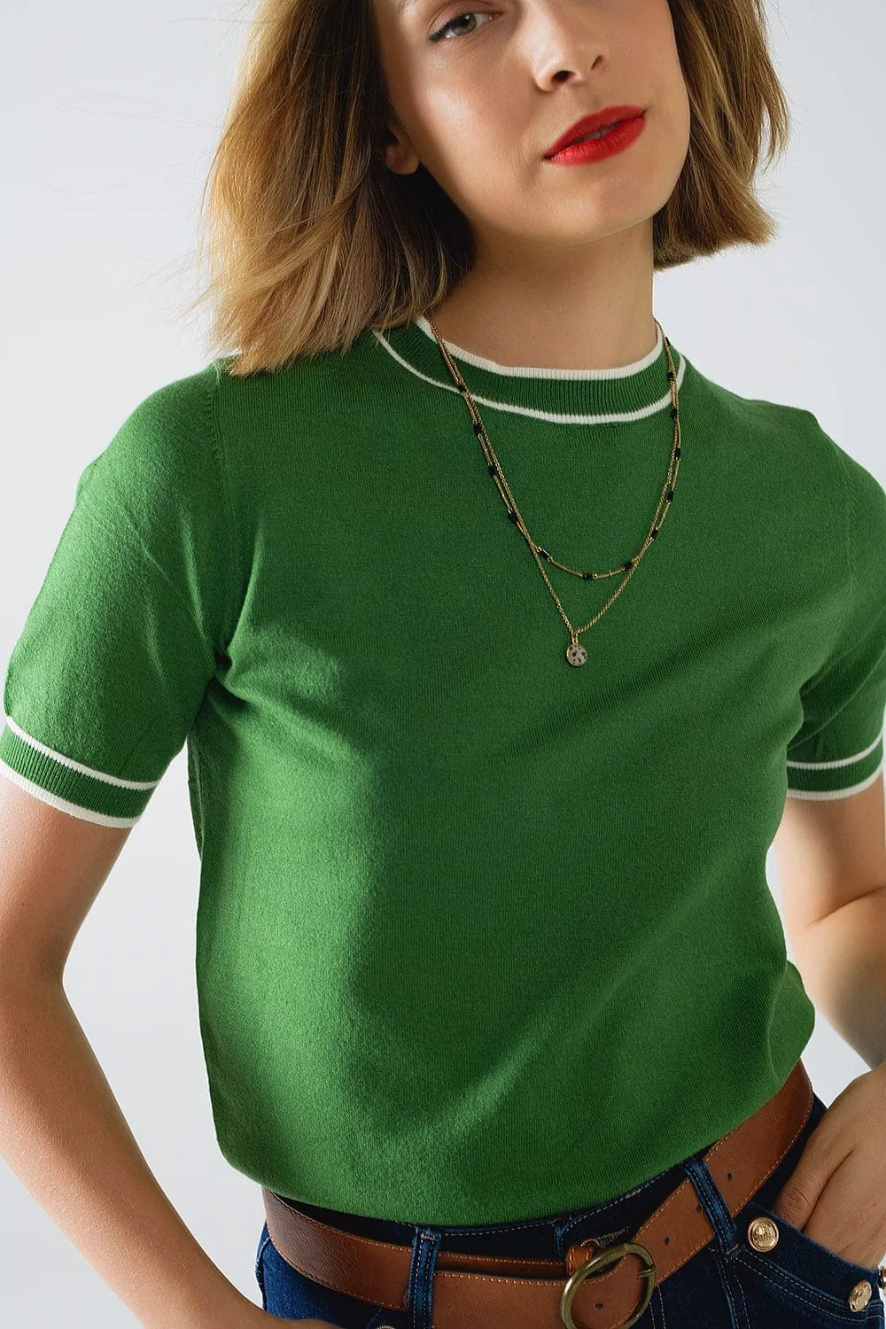 Green Short Sleeve Sweater With White Line Detail