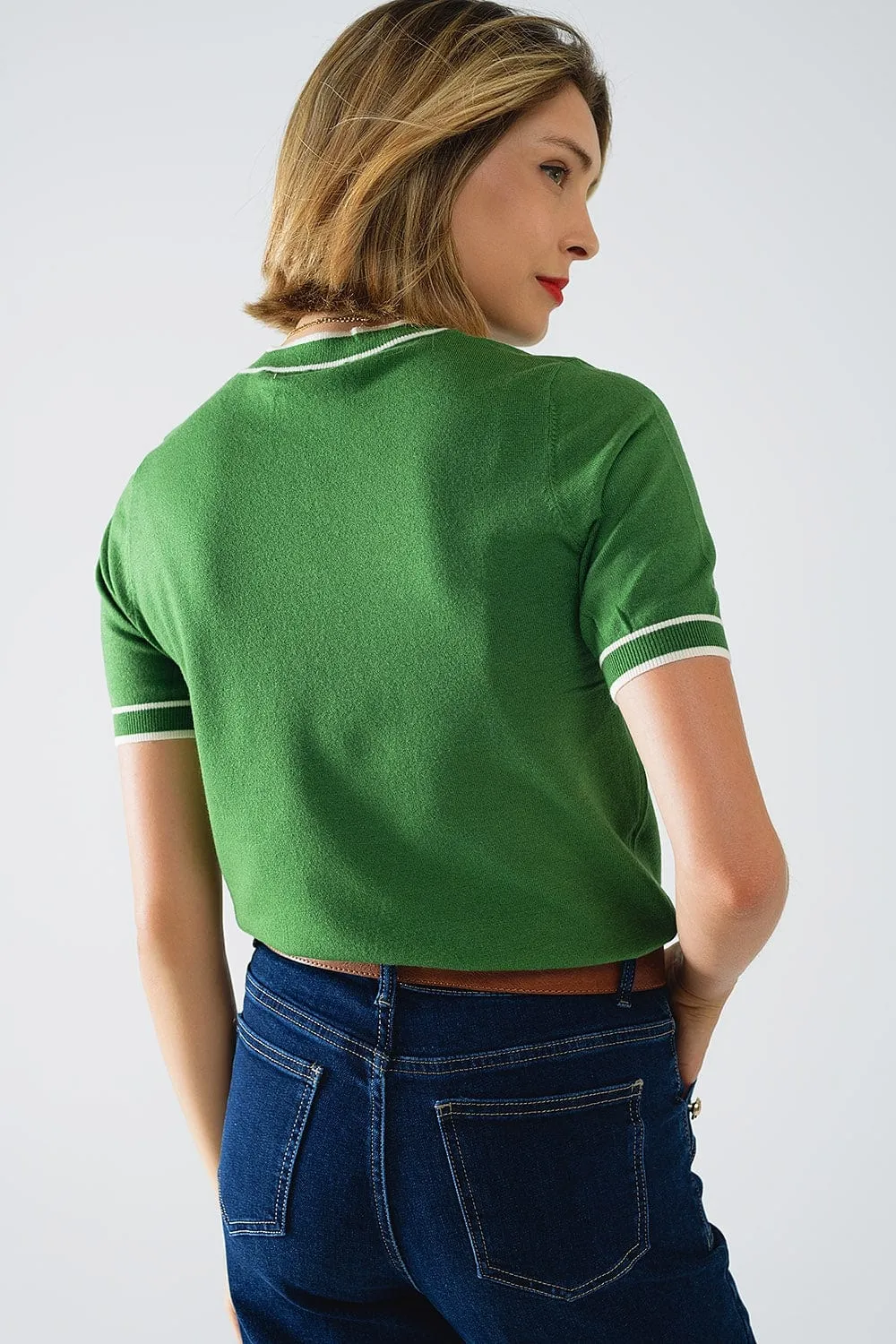 Green Short Sleeve Sweater With White Line Detail