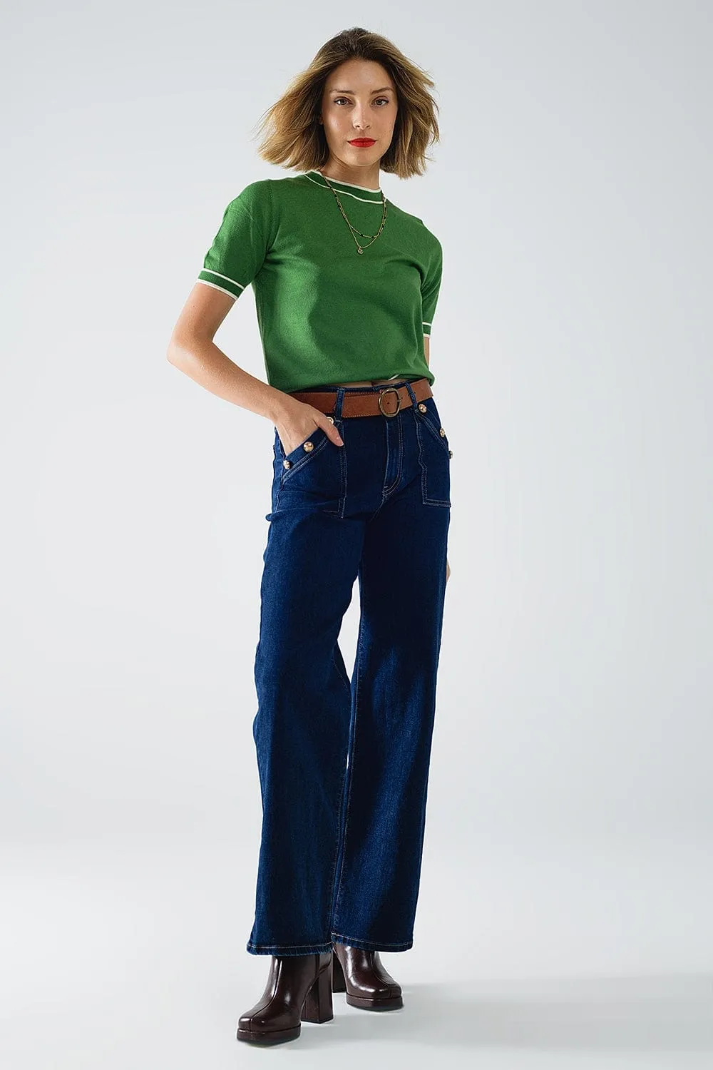 Green Short Sleeve Sweater With White Line Detail