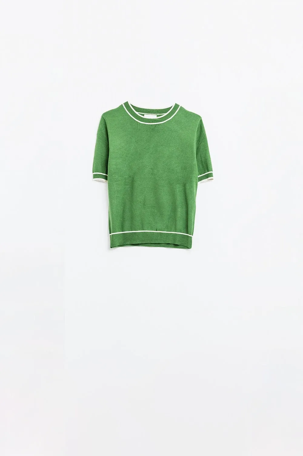 Green Short Sleeve Sweater With White Line Detail