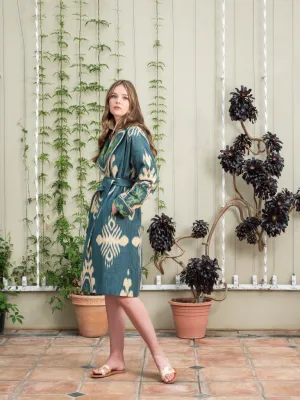 Handwoven Silk Ikat Shawl Coat - Deep Green Lotus