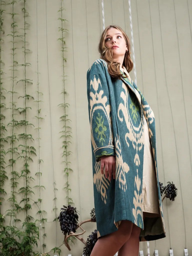 Handwoven Silk Ikat Shawl Coat - Deep Green Lotus