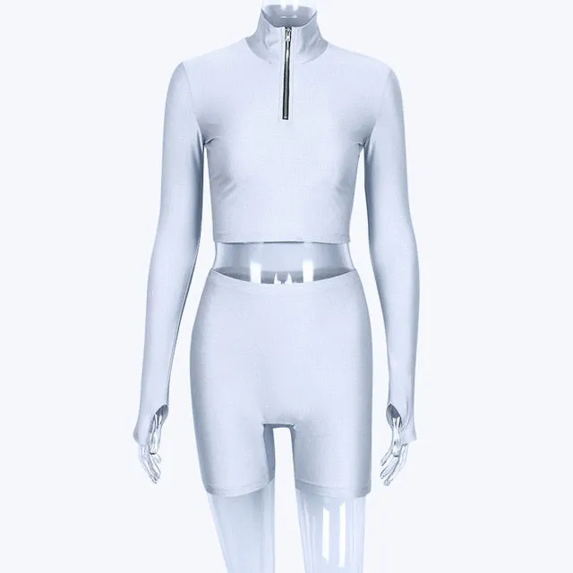 Hugcitar long sleeve zipper high neck elastic sexy crop tops shorts 2-pieces 2021 summer autumn women fashion casual sports sets