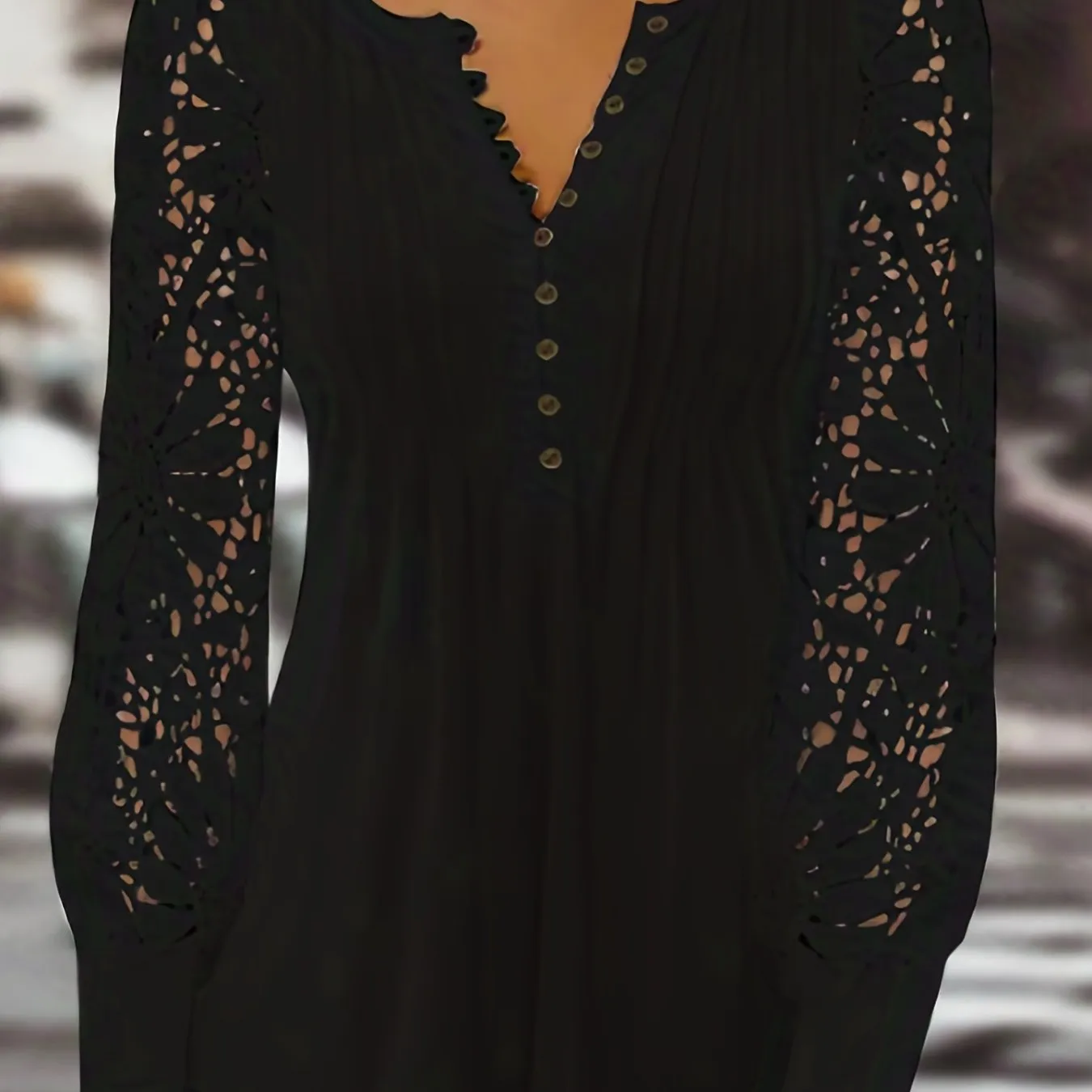 Lace Contrast Pleated Front T-Shirt, Button V-Neck, Casual Long Sleeve Top.