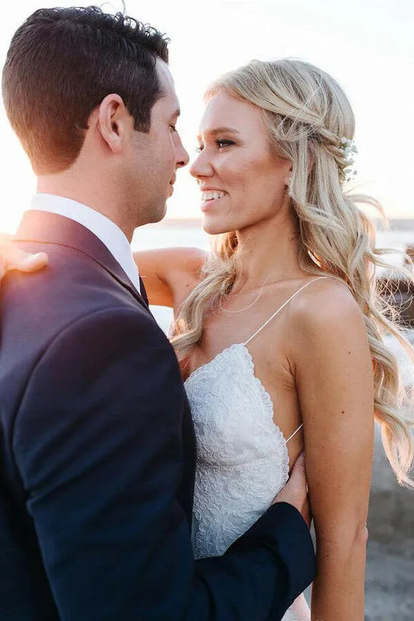 Lace Mermaid Backless Spaghetti Straps V-neck Beach Wedding Dresses, SW512