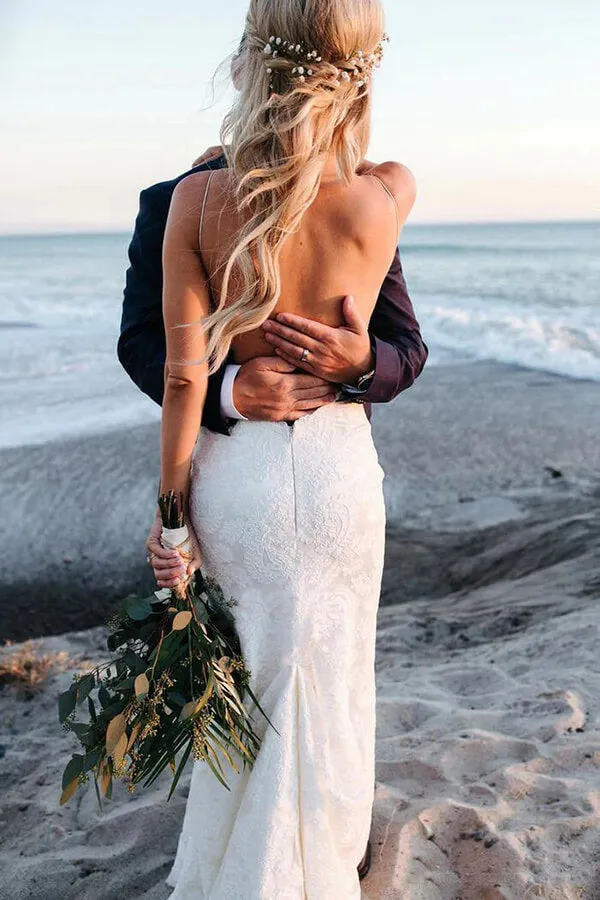 Lace Mermaid Backless Spaghetti Straps V-neck Beach Wedding Dresses, SW512
