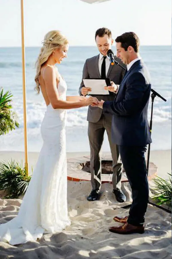 Lace Mermaid Backless Spaghetti Straps V-neck Beach Wedding Dresses, SW512
