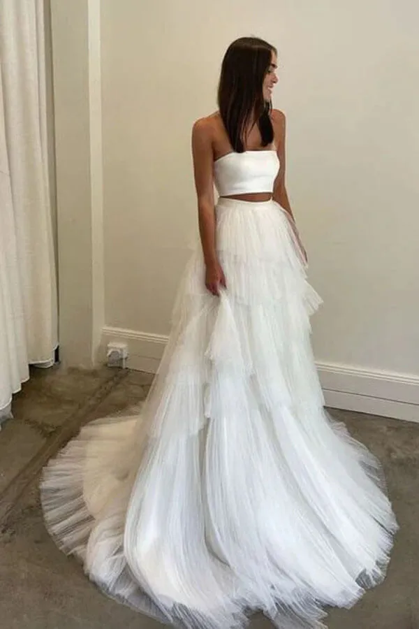 Layered Tulle Two Piece Country Wedding Dresses With Sweep Train, SW681