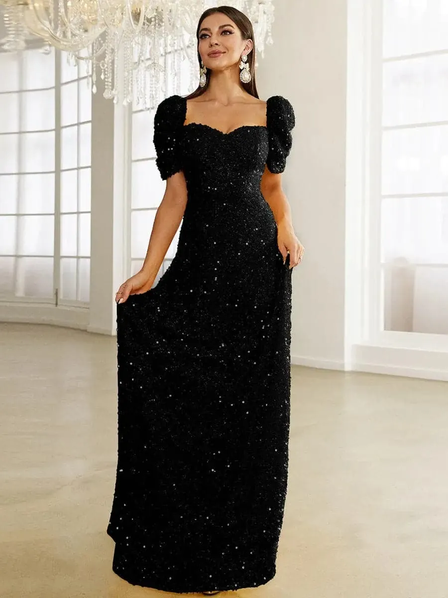 Light Yellow Floor Length Puff Sleeve Sequin Dress XJ1509