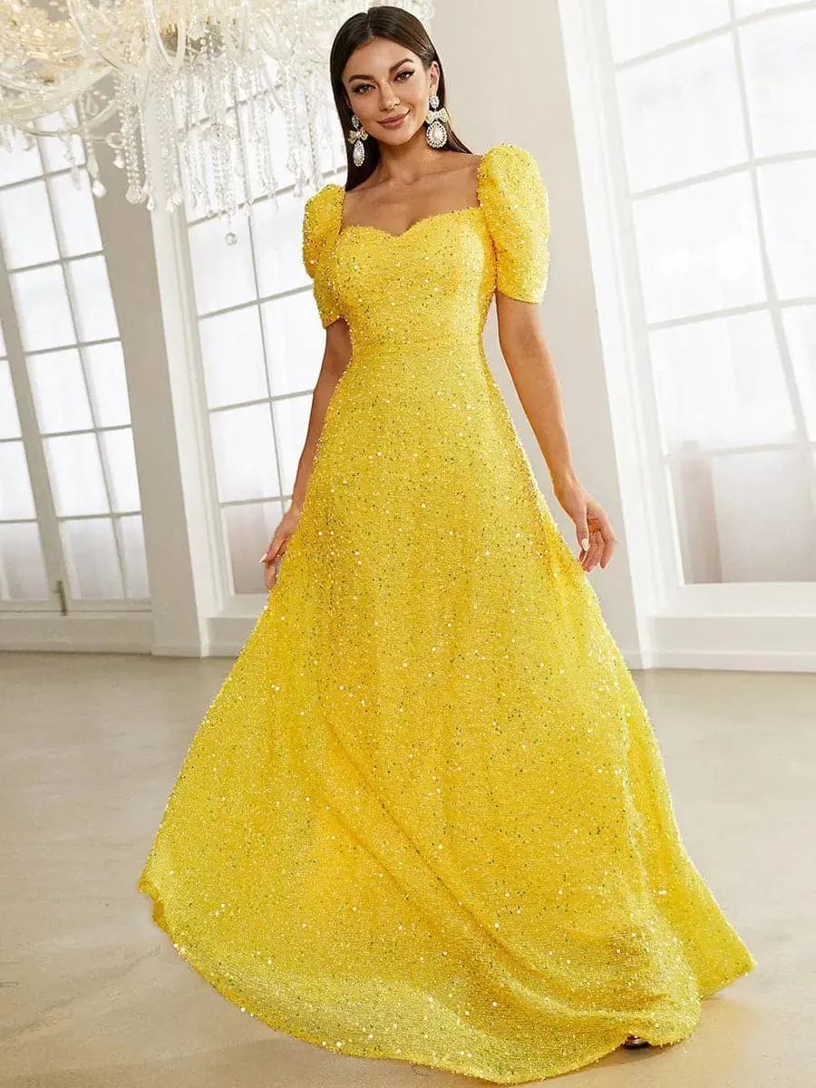 Light Yellow Floor Length Puff Sleeve Sequin Dress XJ1509