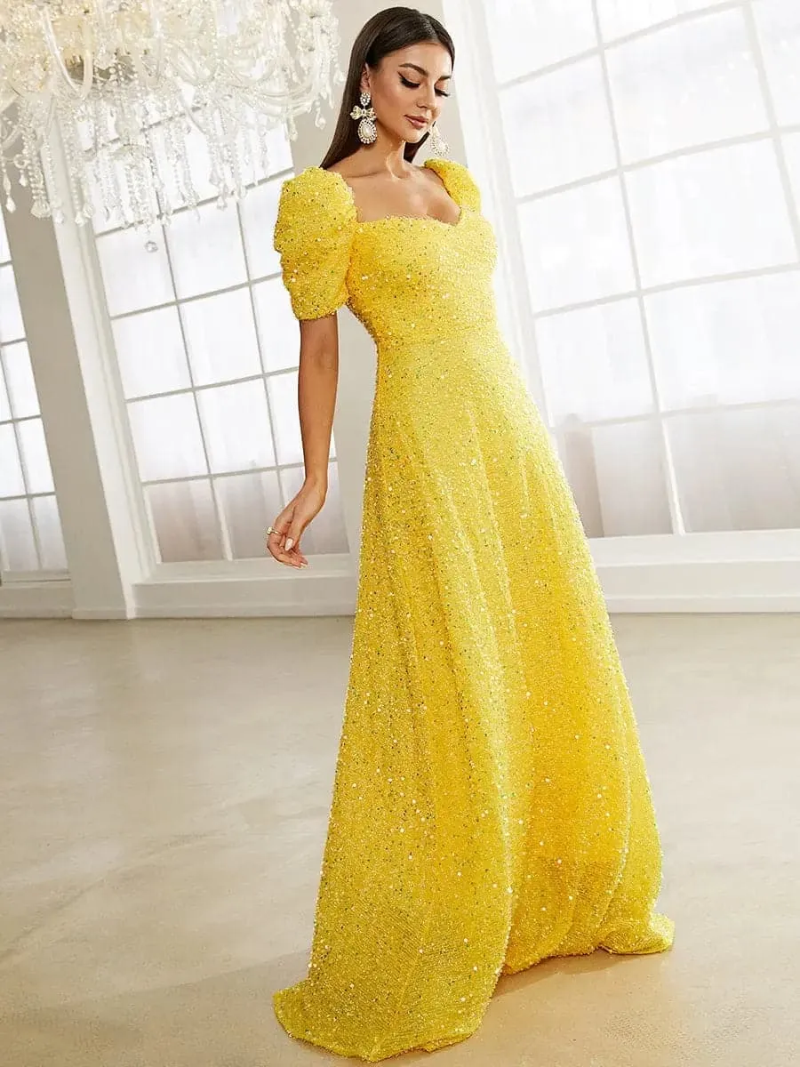 Light Yellow Floor Length Puff Sleeve Sequin Dress XJ1509