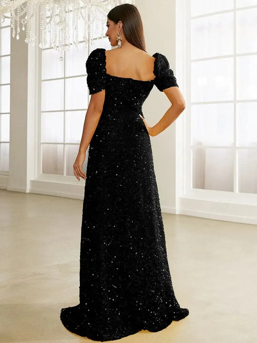 Light Yellow Floor Length Puff Sleeve Sequin Dress XJ1509