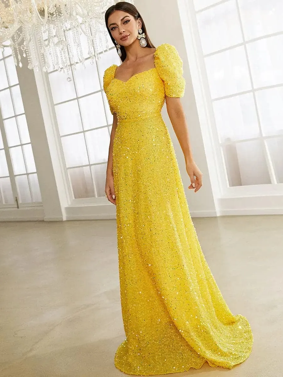 Light Yellow Floor Length Puff Sleeve Sequin Dress XJ1509