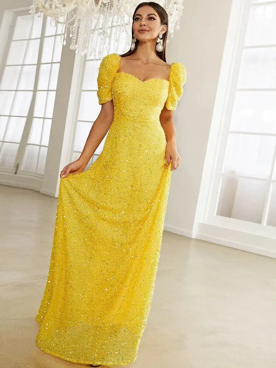 Light Yellow Floor Length Puff Sleeve Sequin Dress XJ1509