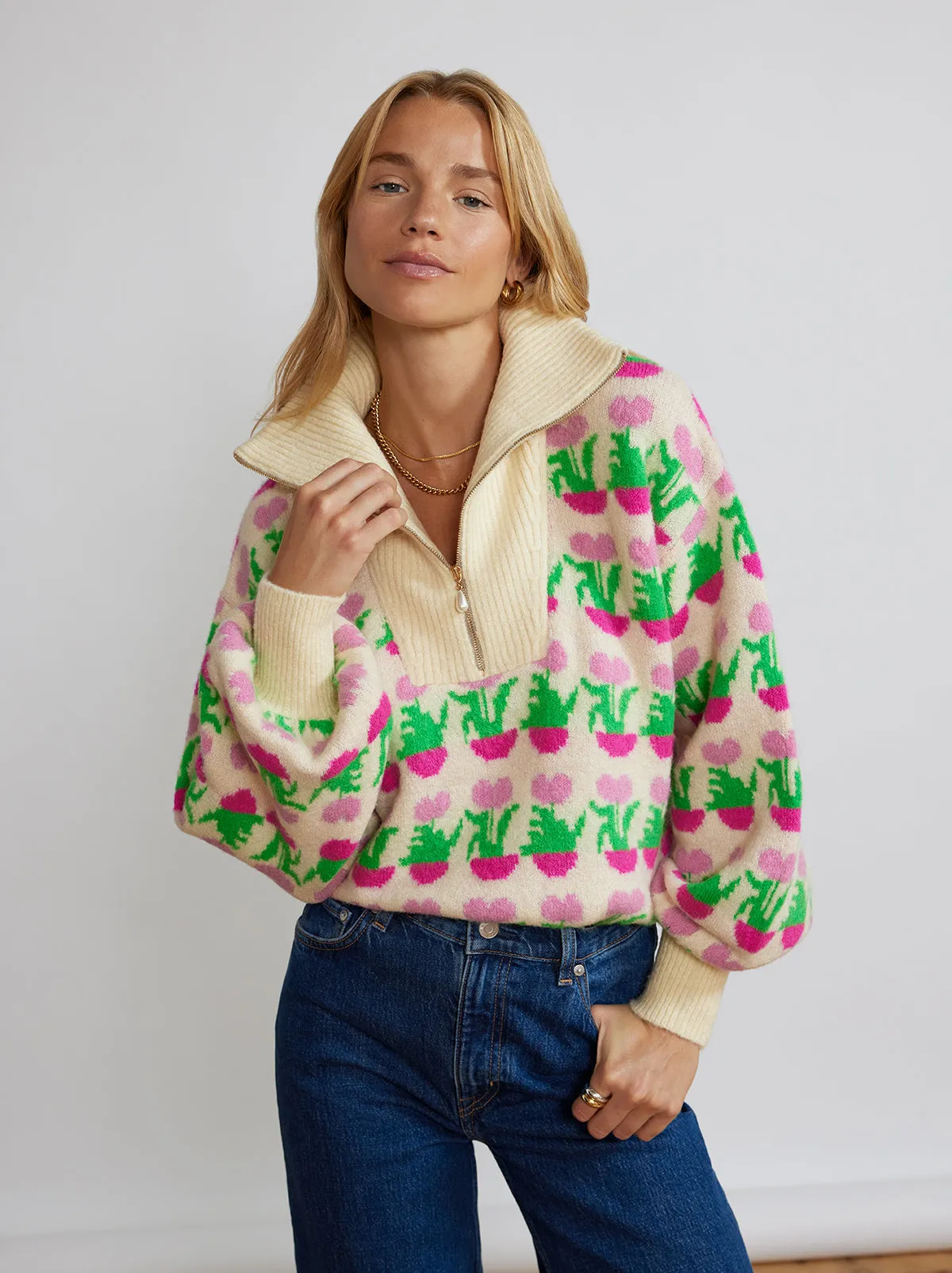 Lorna Flower Pot Zip Up Sweater