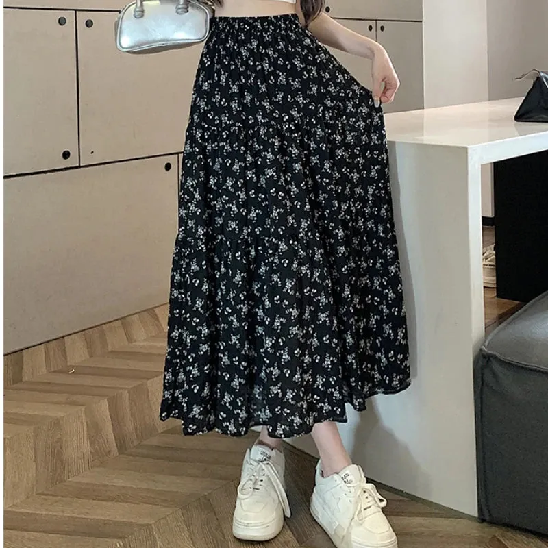 LVSANW Korean Fashion Floral Print Skirt Women 2024 Summer New Elegant Black Long Skirt Female A-line Drap Beach Holdiay Faldas Mujer