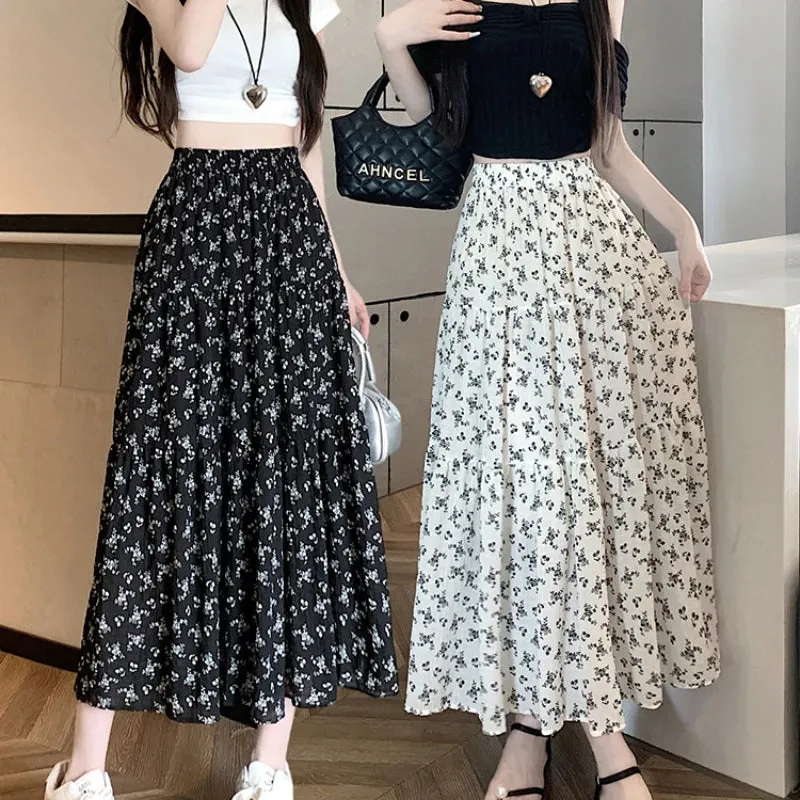 LVSANW Korean Fashion Floral Print Skirt Women 2024 Summer New Elegant Black Long Skirt Female A-line Drap Beach Holdiay Faldas Mujer