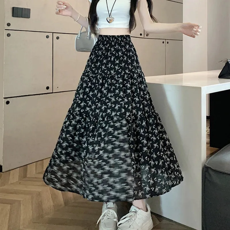 LVSANW Korean Fashion Floral Print Skirt Women 2024 Summer New Elegant Black Long Skirt Female A-line Drap Beach Holdiay Faldas Mujer