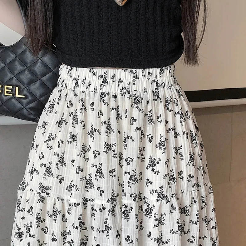 LVSANW Korean Fashion Floral Print Skirt Women 2024 Summer New Elegant Black Long Skirt Female A-line Drap Beach Holdiay Faldas Mujer