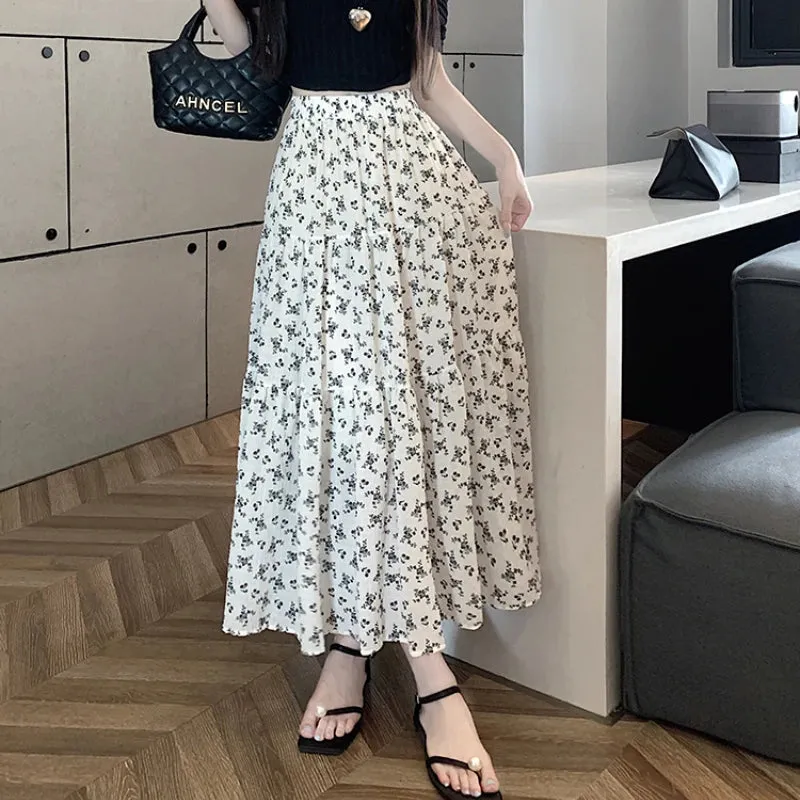 LVSANW Korean Fashion Floral Print Skirt Women 2024 Summer New Elegant Black Long Skirt Female A-line Drap Beach Holdiay Faldas Mujer