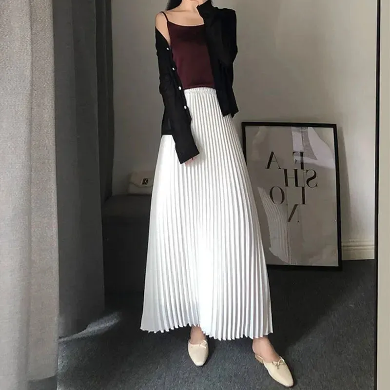 LVSANW Spring Autumn Women's Pleated Skirts Korean Fashion High Waist Office Lady Long Skirt New Solid Color All-Match A-Line Skirts