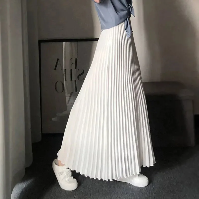 LVSANW Spring Autumn Women's Pleated Skirts Korean Fashion High Waist Office Lady Long Skirt New Solid Color All-Match A-Line Skirts