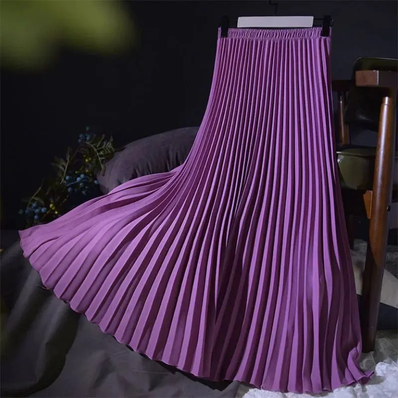 LVSANW Spring Autumn Women's Pleated Skirts Korean Fashion High Waist Office Lady Long Skirt New Solid Color All-Match A-Line Skirts