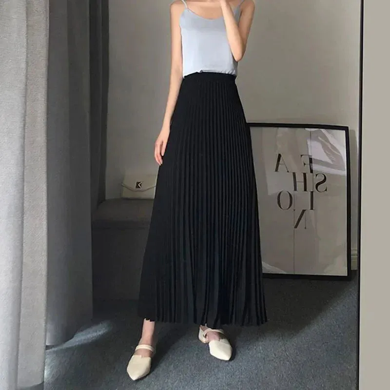 LVSANW Spring Autumn Women's Pleated Skirts Korean Fashion High Waist Office Lady Long Skirt New Solid Color All-Match A-Line Skirts