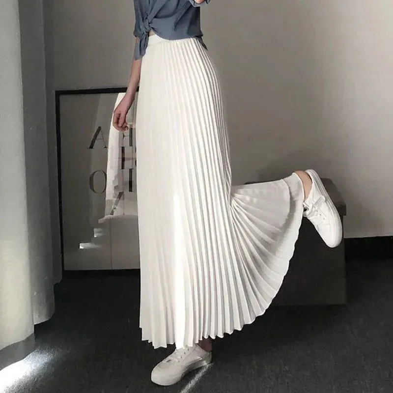 LVSANW Spring Autumn Women's Pleated Skirts Korean Fashion High Waist Office Lady Long Skirt New Solid Color All-Match A-Line Skirts