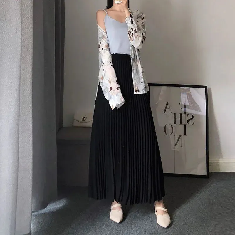 LVSANW Spring Autumn Women's Pleated Skirts Korean Fashion High Waist Office Lady Long Skirt New Solid Color All-Match A-Line Skirts