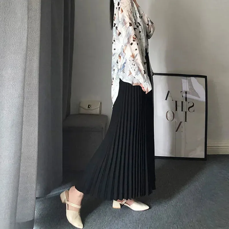 LVSANW Spring Autumn Women's Pleated Skirts Korean Fashion High Waist Office Lady Long Skirt New Solid Color All-Match A-Line Skirts