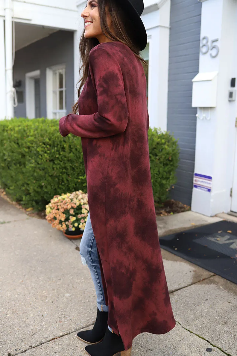 Midnight Wonder Tie Dye Side Slit Long Cardigan - Burgundy