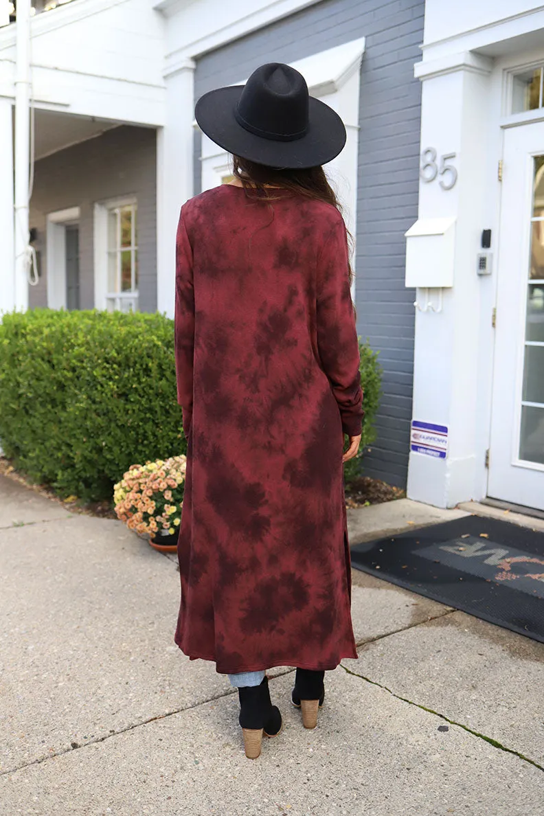 Midnight Wonder Tie Dye Side Slit Long Cardigan - Burgundy