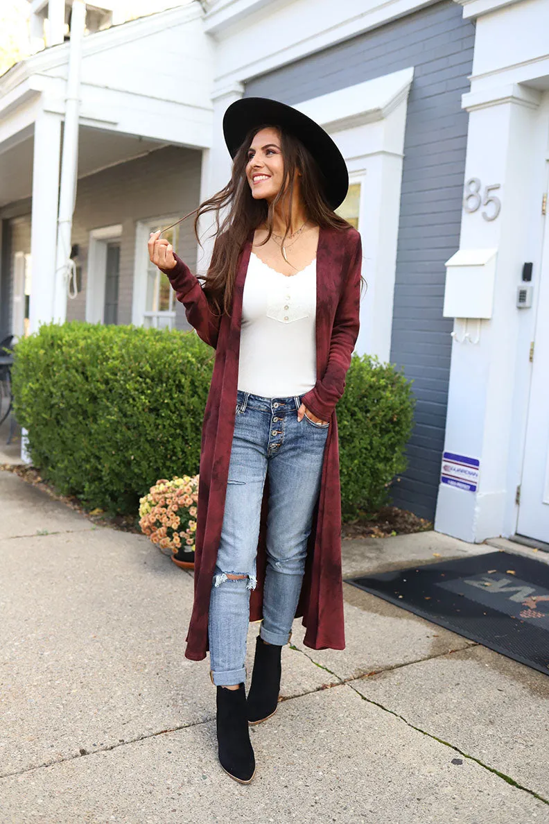 Midnight Wonder Tie Dye Side Slit Long Cardigan - Burgundy