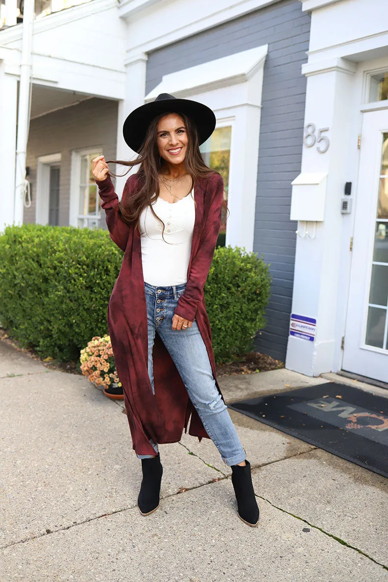 Midnight Wonder Tie Dye Side Slit Long Cardigan - Burgundy