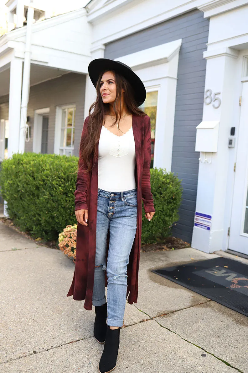 Midnight Wonder Tie Dye Side Slit Long Cardigan - Burgundy