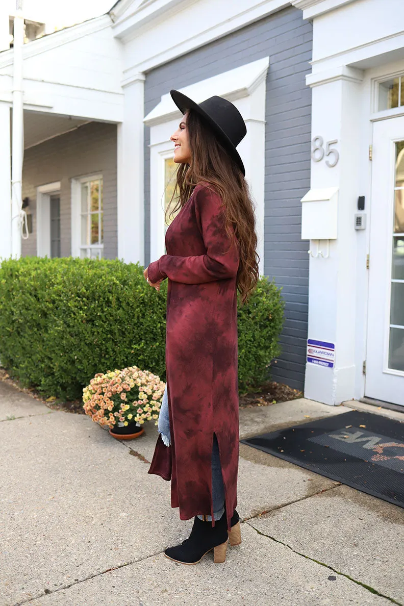 Midnight Wonder Tie Dye Side Slit Long Cardigan - Burgundy