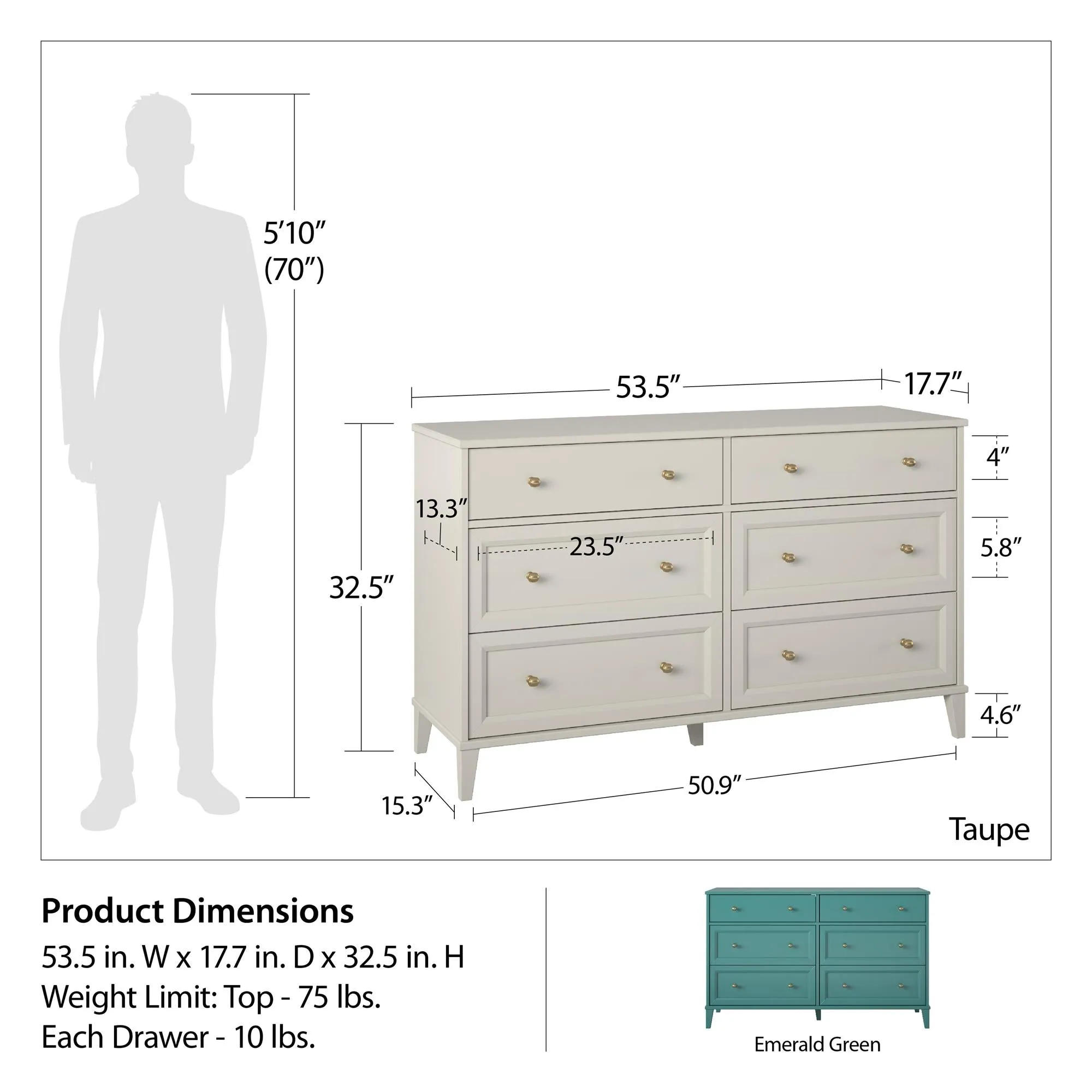 Monticello Wide 6 Drawer Dresser with Gold Accents