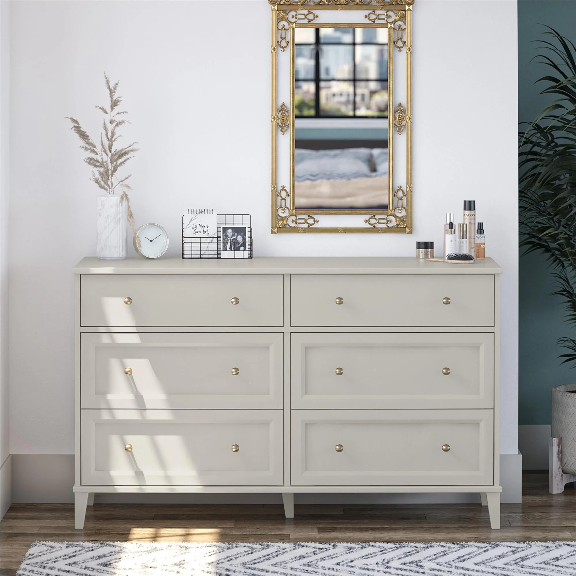 Monticello Wide 6 Drawer Dresser with Gold Accents