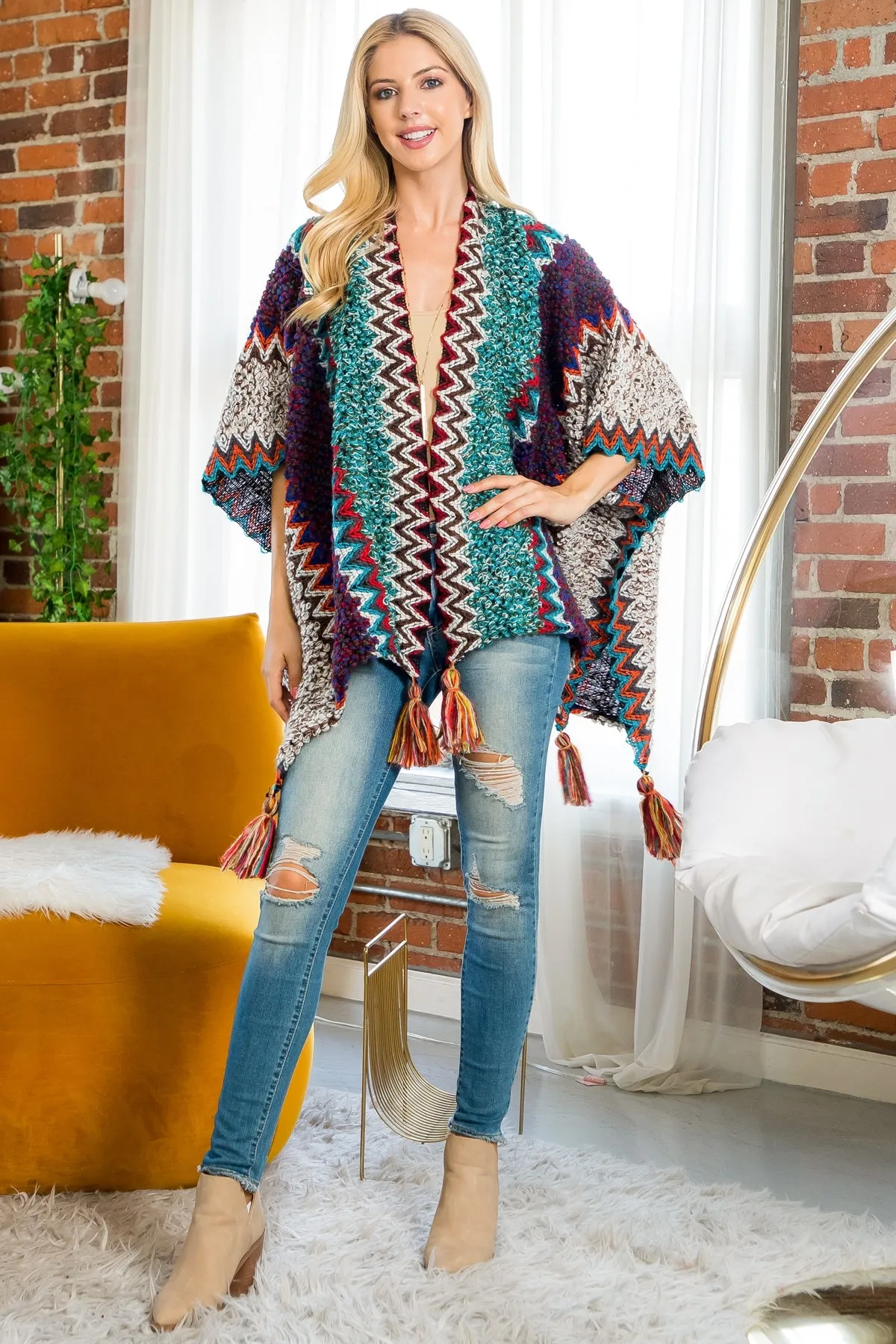 MULTICOLOR KNIT ZIGZAG PATTERN TASSEL KIMONO