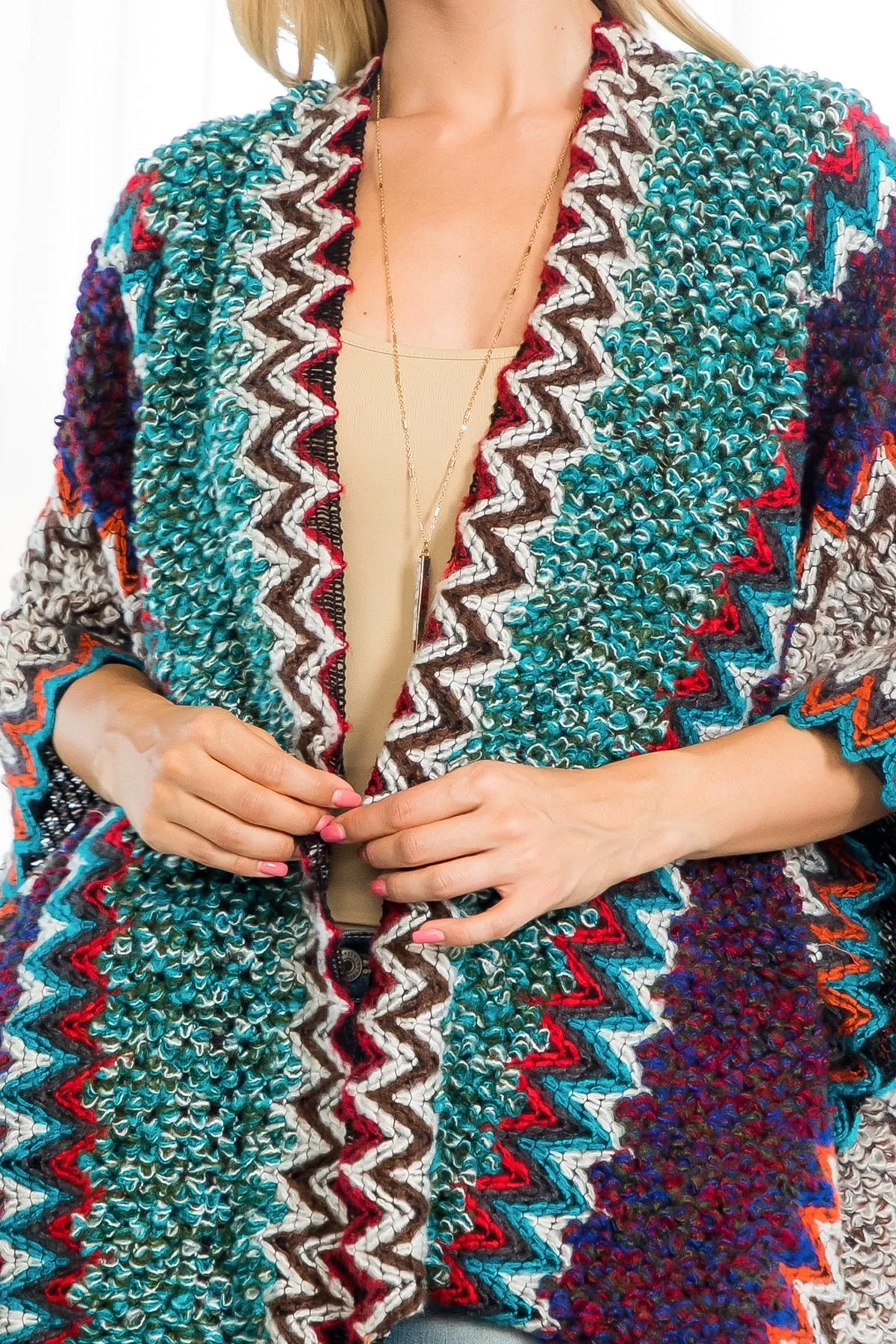 MULTICOLOR KNIT ZIGZAG PATTERN TASSEL KIMONO