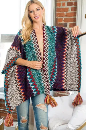 MULTICOLOR KNIT ZIGZAG PATTERN TASSEL KIMONO